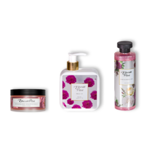 Strawbliss Soufflé Scrub – Body Scrub & Shea Dew – Radiant Moisturizer & Rosé Shower Elixir-Body Wash Combo